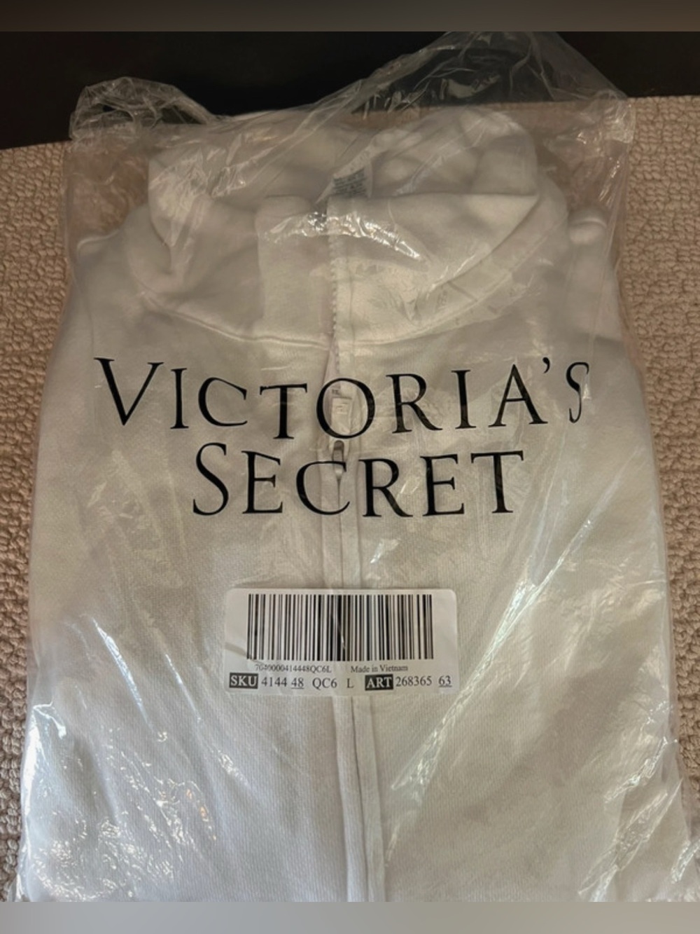 NWT- Large Victoria's Secret White Zip-Up Hoodie lime, green graphic on back